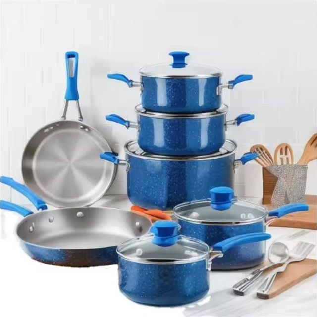 Konkurrencedygtig pris Køkkengrej sæt med grillpande 13 stykker køkkengrej sæt mærket dobbelt granit belagt køkkengrej sæt